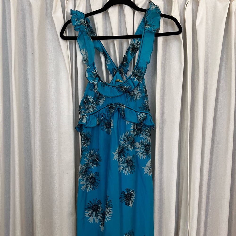 Max studio ruffled strap turquoise black floral mini dress cotton and silk sz m